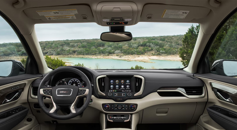 The interior of a 2024 GMC Terrain Denali at a GMC dealer near Brighton.